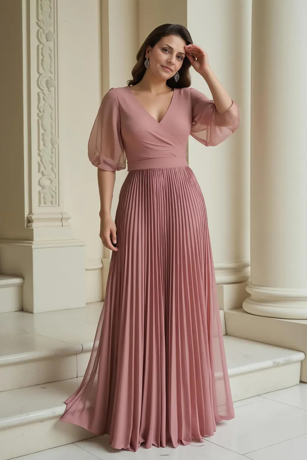 A-Line V-Neck Puff Sleeve Full Coverage Floor-Length Mother of the Bride Dress