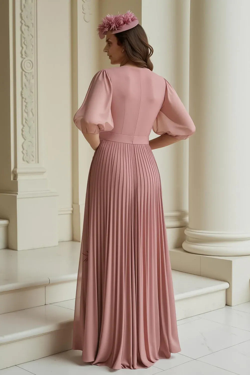 A-Line V-Neck Puff Sleeve Full Coverage Floor-Length Mother of the Bride Dress