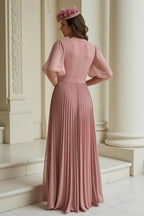 A-Line V-Neck Puff Sleeve Full Coverage Floor-Length Mother of the Bride Dress