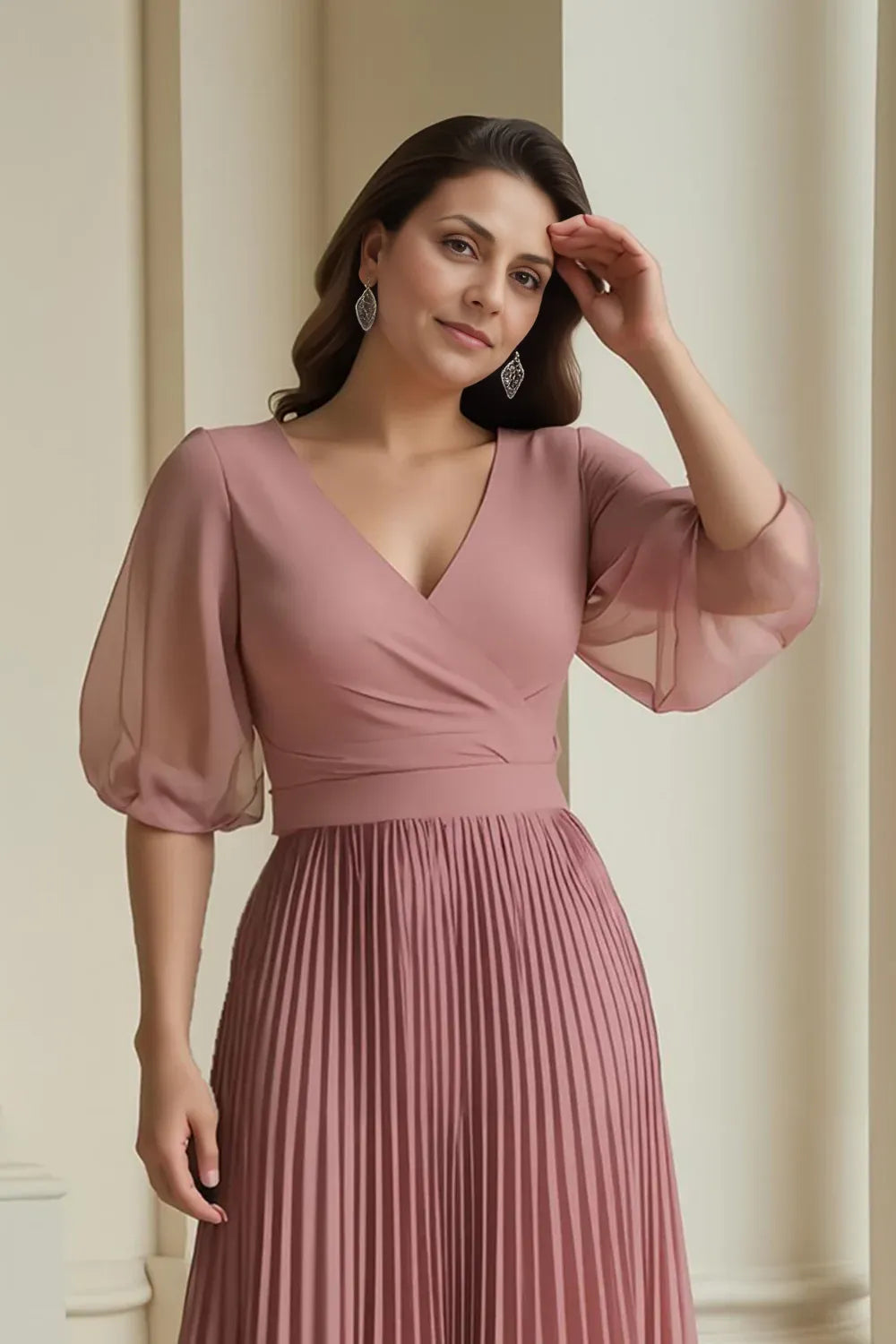 A-Line V-Neck Puff Sleeve Full Coverage Floor-Length Mother of the Bride Dress