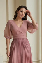 A-Line V-Neck Puff Sleeve Full Coverage Floor-Length Mother of the Bride Dress