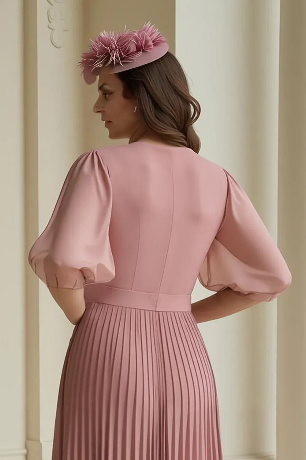 A-Line V-Neck Puff Sleeve Full Coverage Floor-Length Mother of the Bride Dress