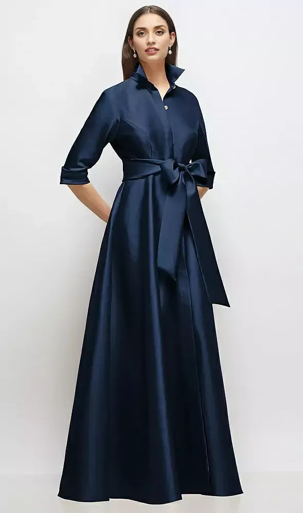 A-Line V Neck 3/4 Sleeve Full Coverage Back Floor-Length Mother of the Bride Dress