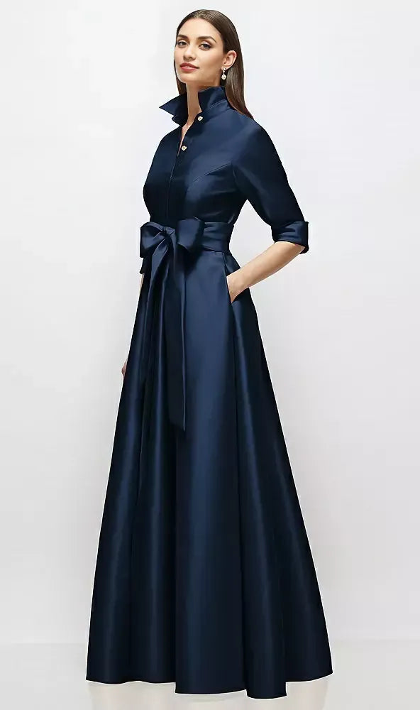 A-Line V Neck 3/4 Sleeve Full Coverage Back Floor-Length Mother of the Bride Dress