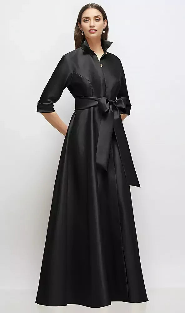 A-Line V Neck 3/4 Sleeve Full Coverage Back Floor-Length Mother of the Bride Dress