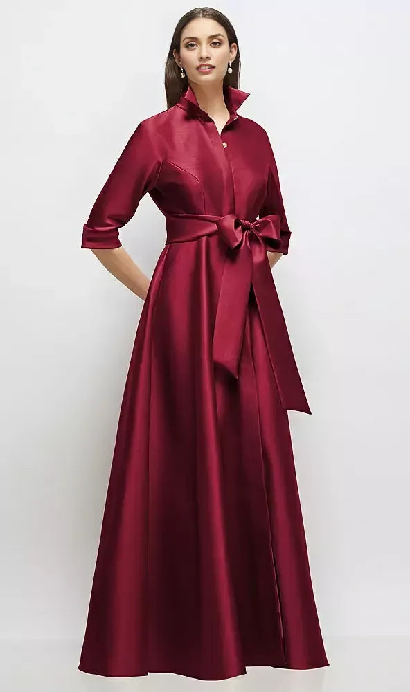 A-Line V Neck 3/4 Sleeve Full Coverage Back Floor-Length Mother of the Bride Dress