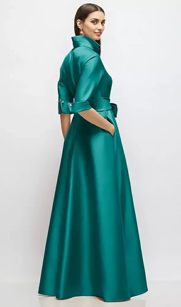 A-Line V Neck 3/4 Sleeve Full Coverage Back Floor-Length Mother of the Bride Dress