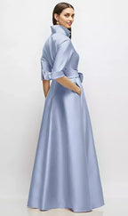 A-Line V Neck 3/4 Sleeve Full Coverage Back Floor-Length Mother of the Bride Dress
