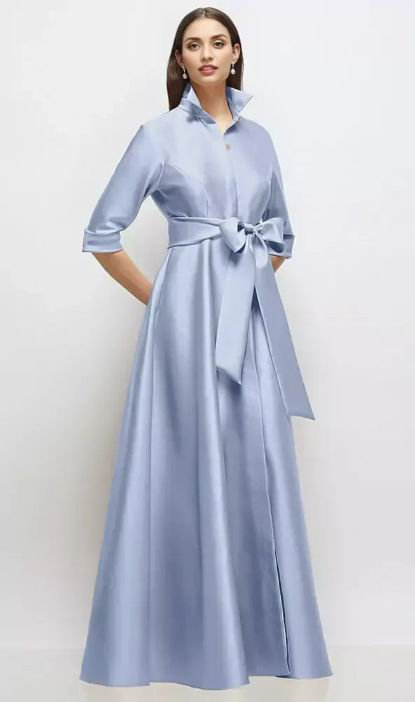 A-Line V Neck 3/4 Sleeve Full Coverage Back Floor-Length Mother of the Bride Dress