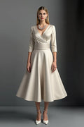 A-Line V Neck 3/4 Sleeve Zipper Up Tea-Length Mother of the Bride Dress