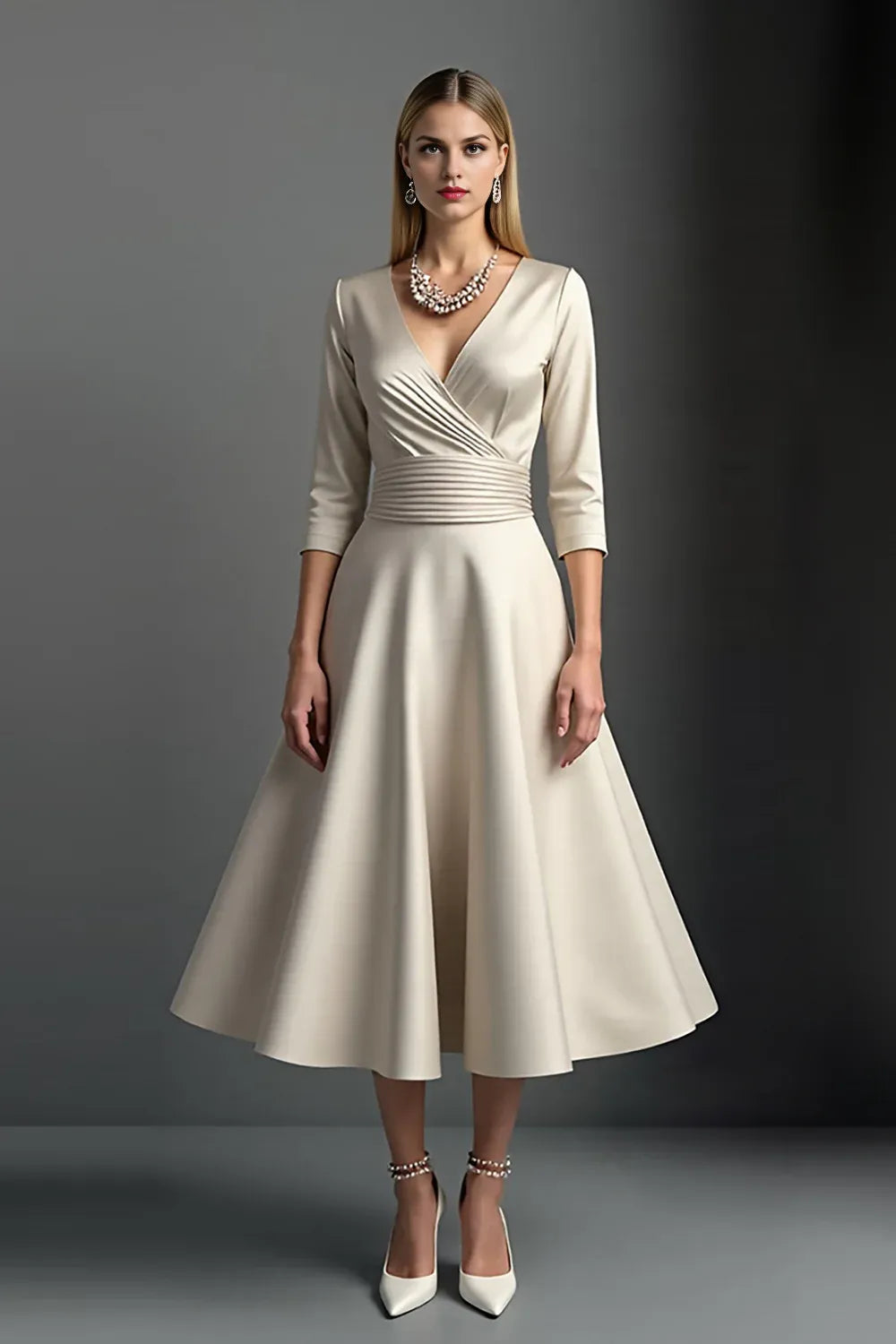 A-Line V Neck 3/4 Sleeve Zipper Up Tea-Length Mother of the Bride Dress
