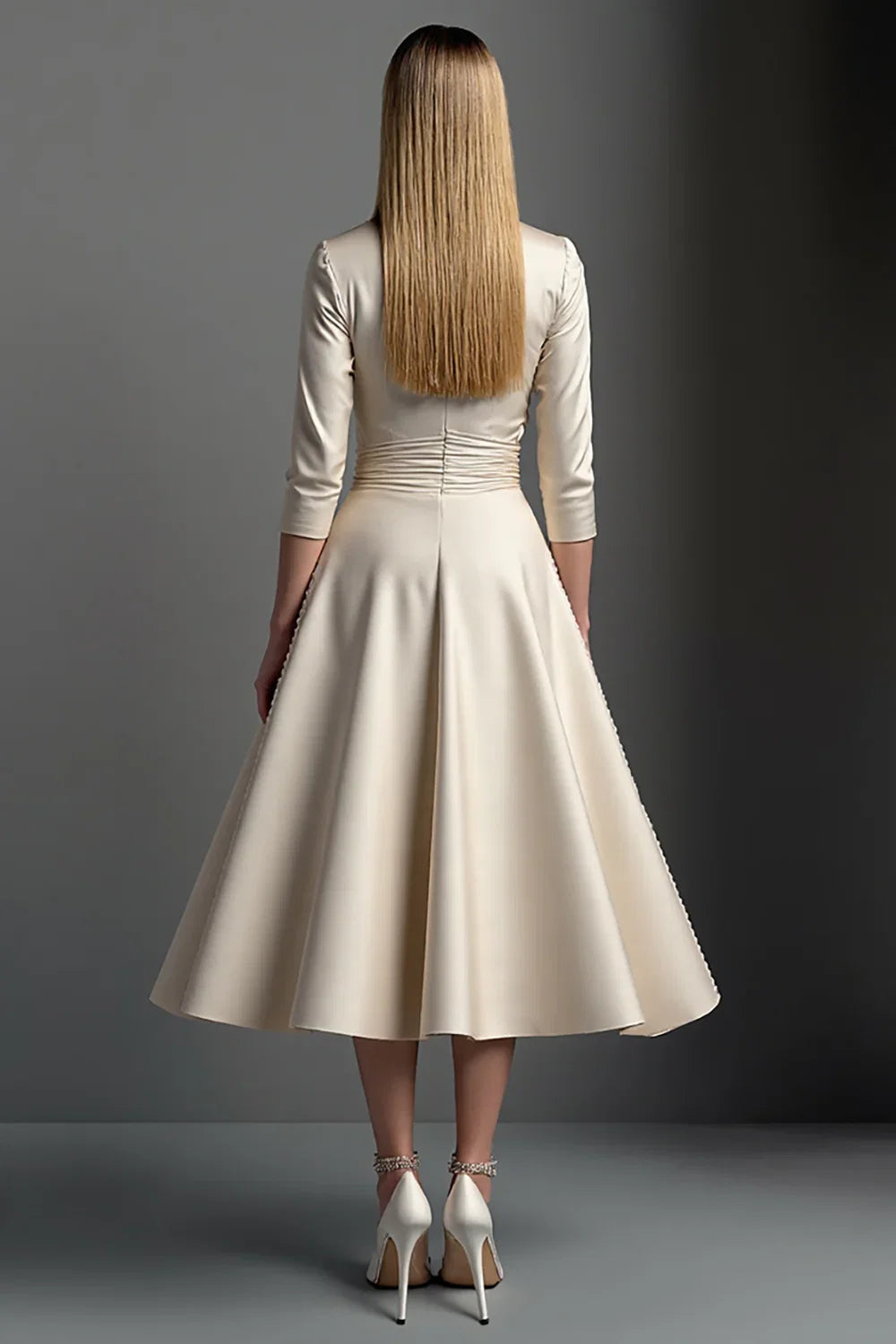 A-Line V Neck 3/4 Sleeve Zipper Up Tea-Length Mother of the Bride Dress