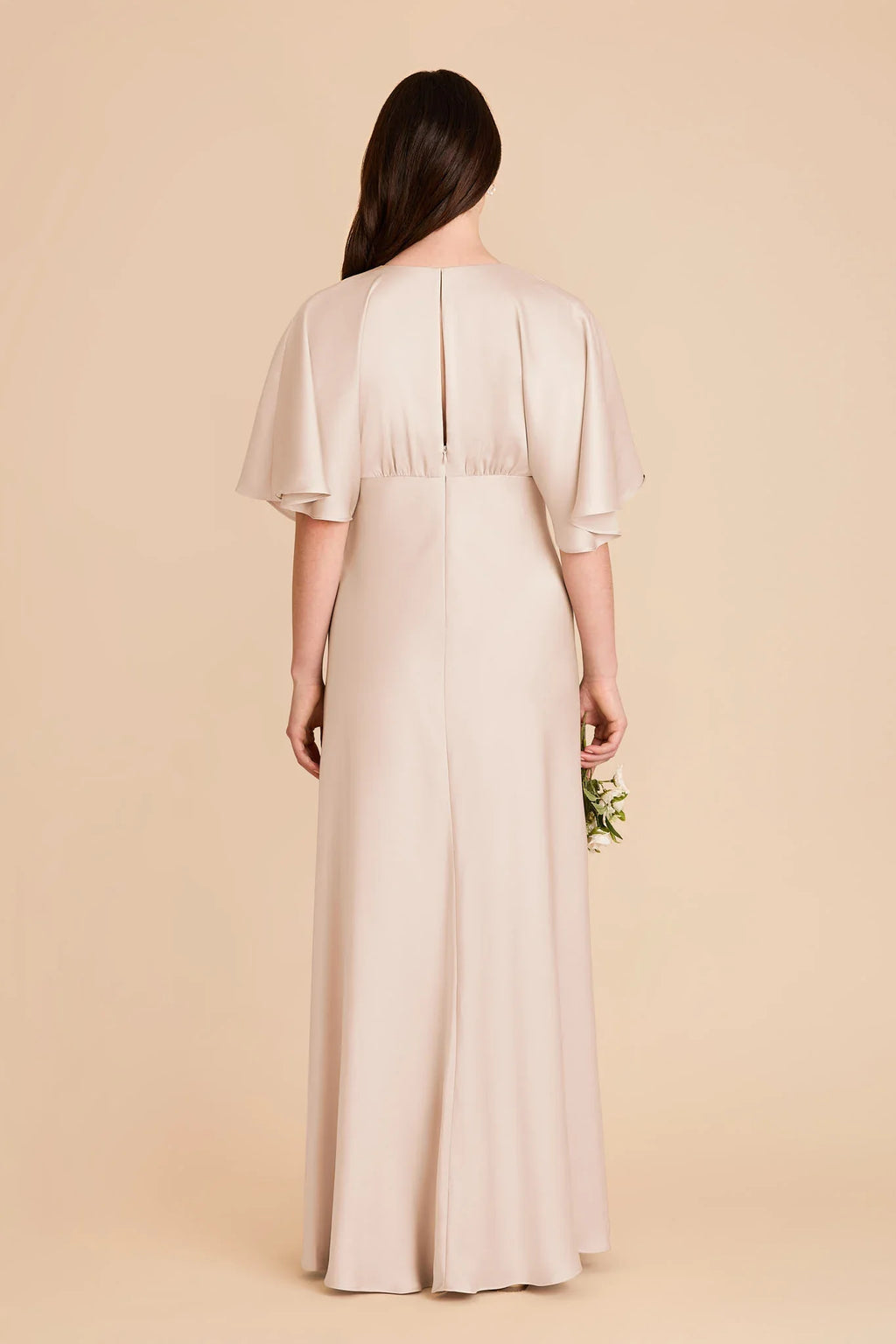 Modern A-Line V Neck Flutter Sleeve Satin Pleated Maxi Bridesmaid Dress