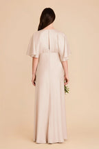 Modern A-Line V Neck Flutter Sleeve Satin Pleated Maxi Bridesmaid Dress