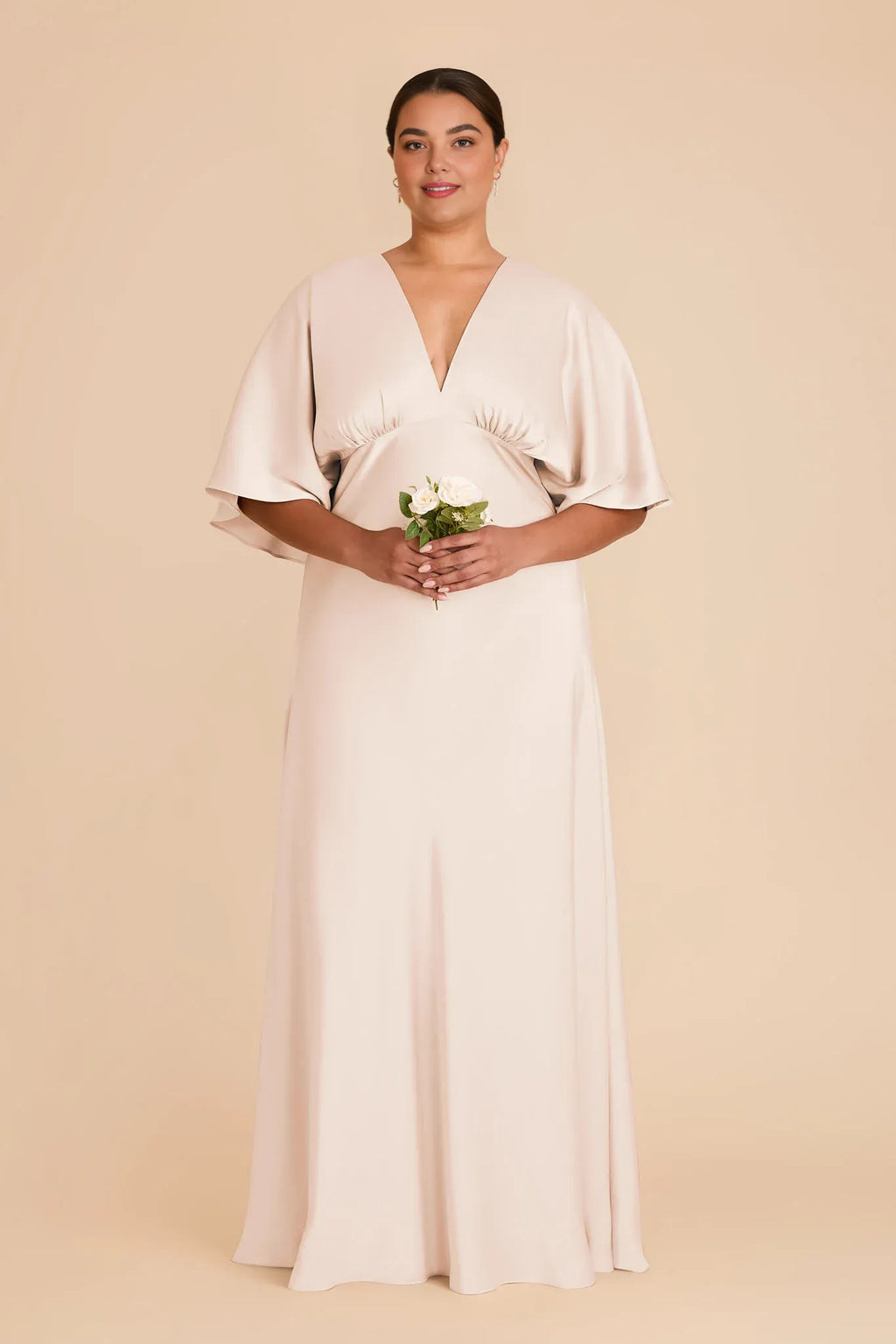 Modern A-Line V Neck Flutter Sleeve Satin Pleated Maxi Bridesmaid Dress
