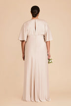 Modern A-Line V Neck Flutter Sleeve Satin Pleated Maxi Bridesmaid Dress