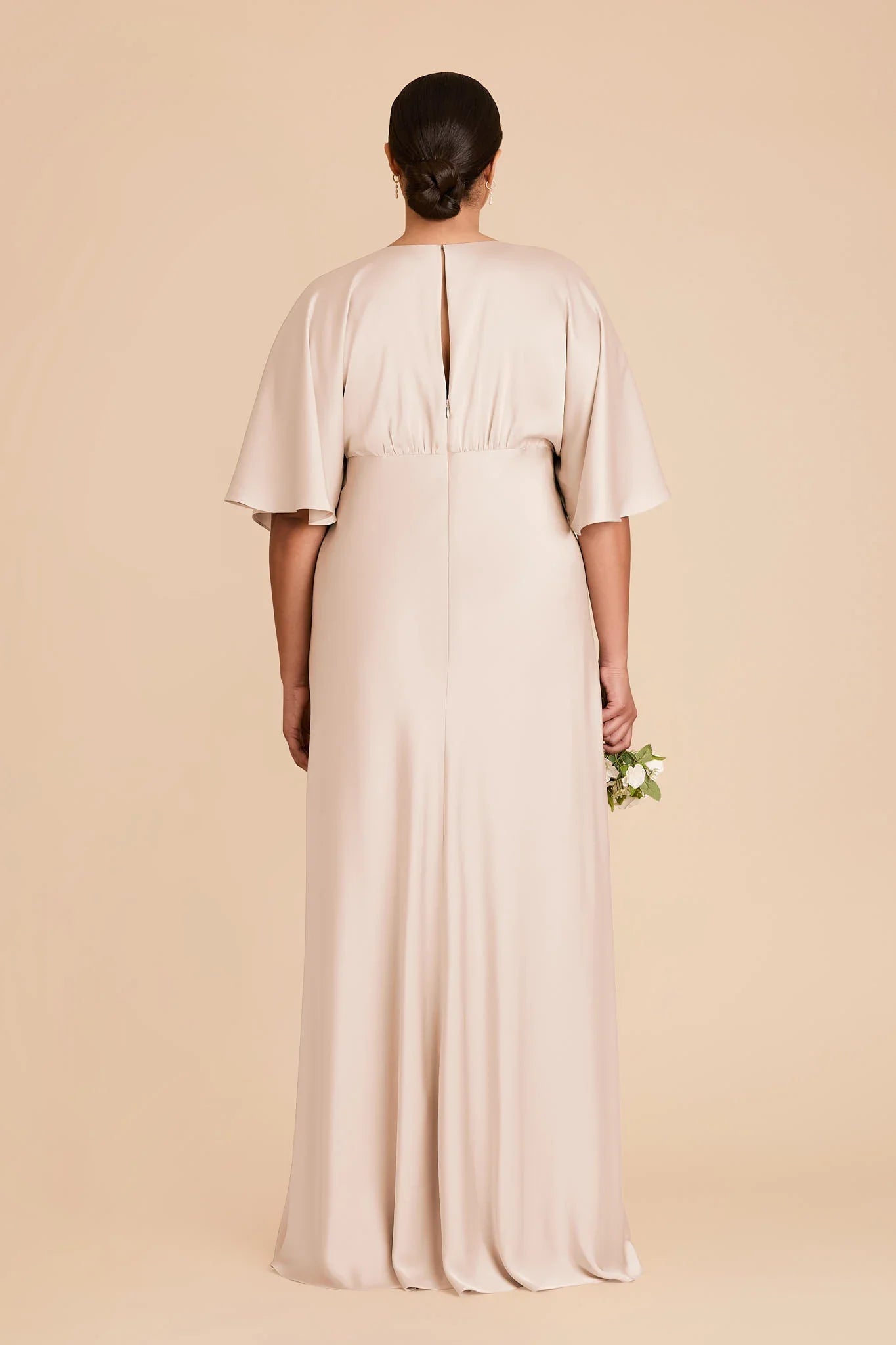 Modern A-Line V Neck Flutter Sleeve Satin Pleated Maxi Bridesmaid Dress