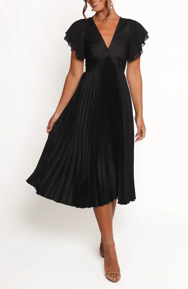A-Line V Neck Flutter Sleeve Zipper Up Floor-Length Prom Dress