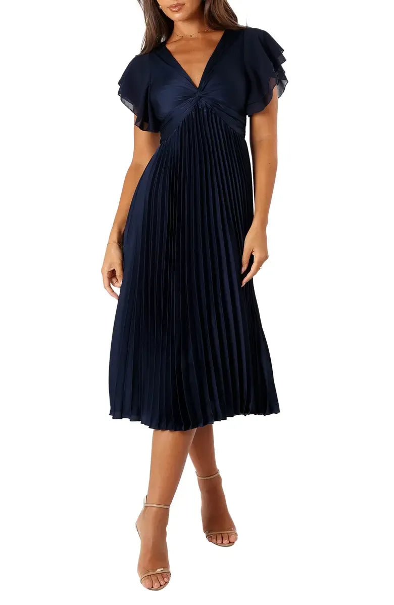 A-Line V Neck Flutter Sleeve Zipper Up Floor-Length Prom Dress