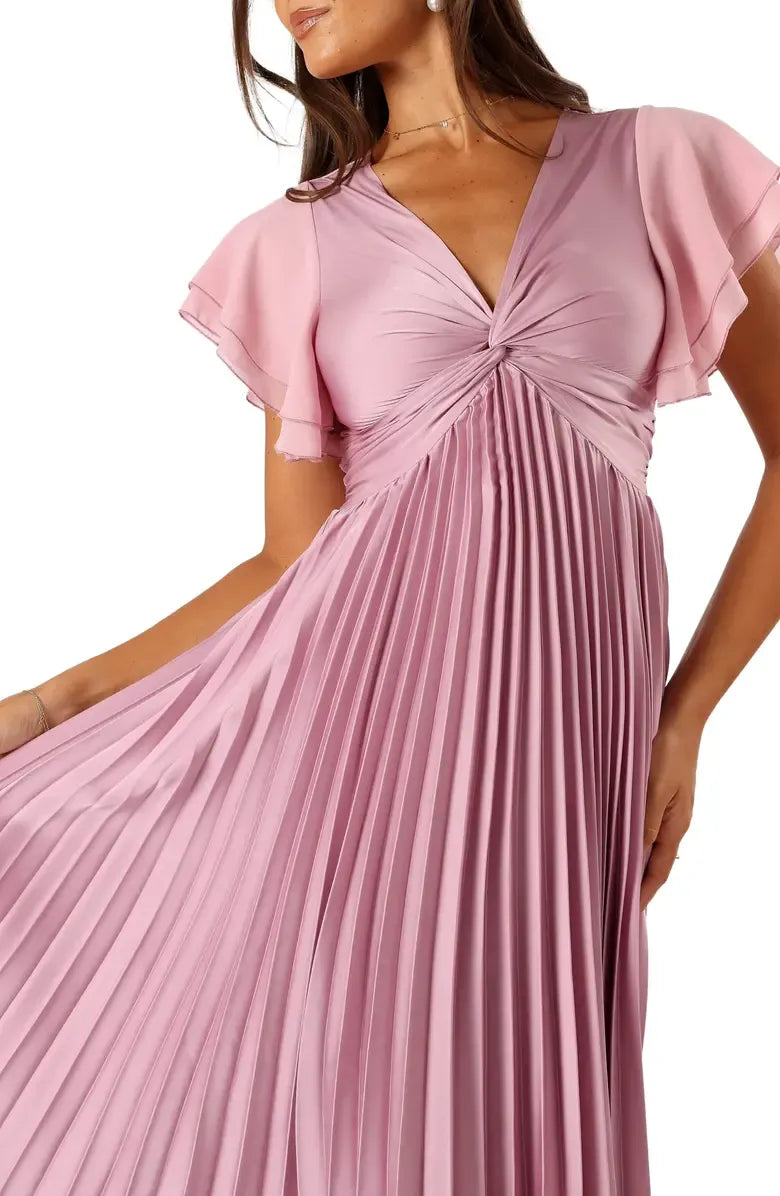 A-Line V Neck Flutter Sleeve Zipper Up Floor-Length Prom Dress