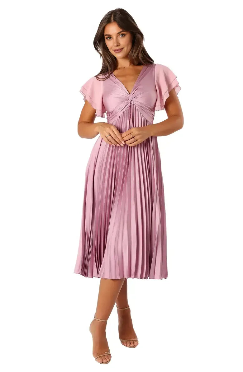 A-Line V Neck Flutter Sleeve Zipper Up Floor-Length Prom Dress