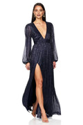 A-Line V Neck Long Sleeve Metallic Floor-Length Prom Dress
