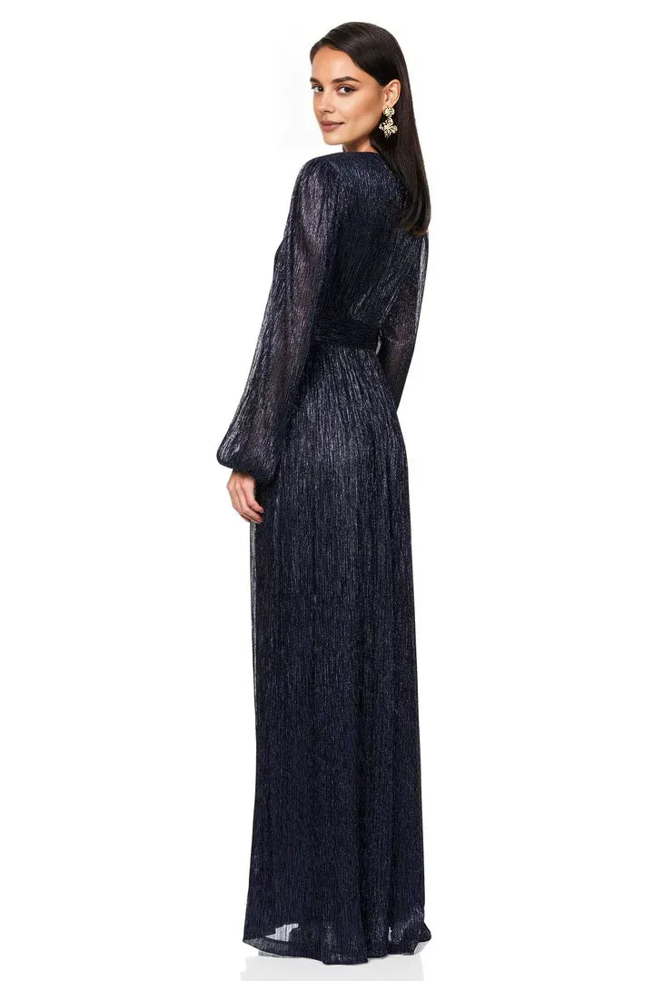 A-Line V Neck Long Sleeve Metallic Floor-Length Prom Dress