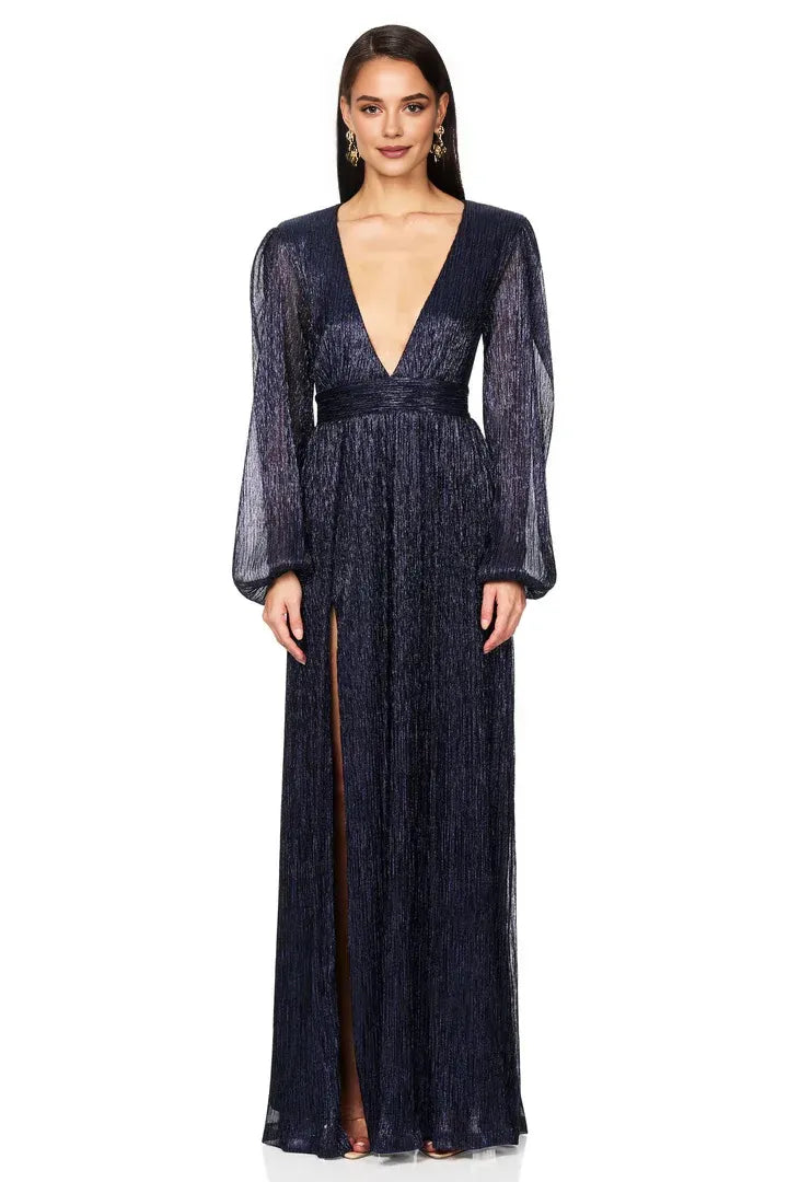 A-Line V Neck Long Sleeve Metallic Floor-Length Prom Dress