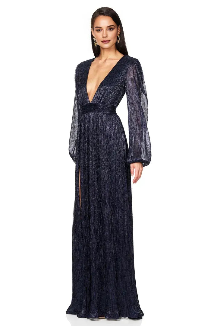 A-Line V Neck Long Sleeve Metallic Floor-Length Prom Dress