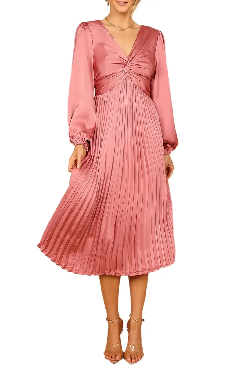 A-Line V Neck Long Sleeve Tea-Length Prom Dress