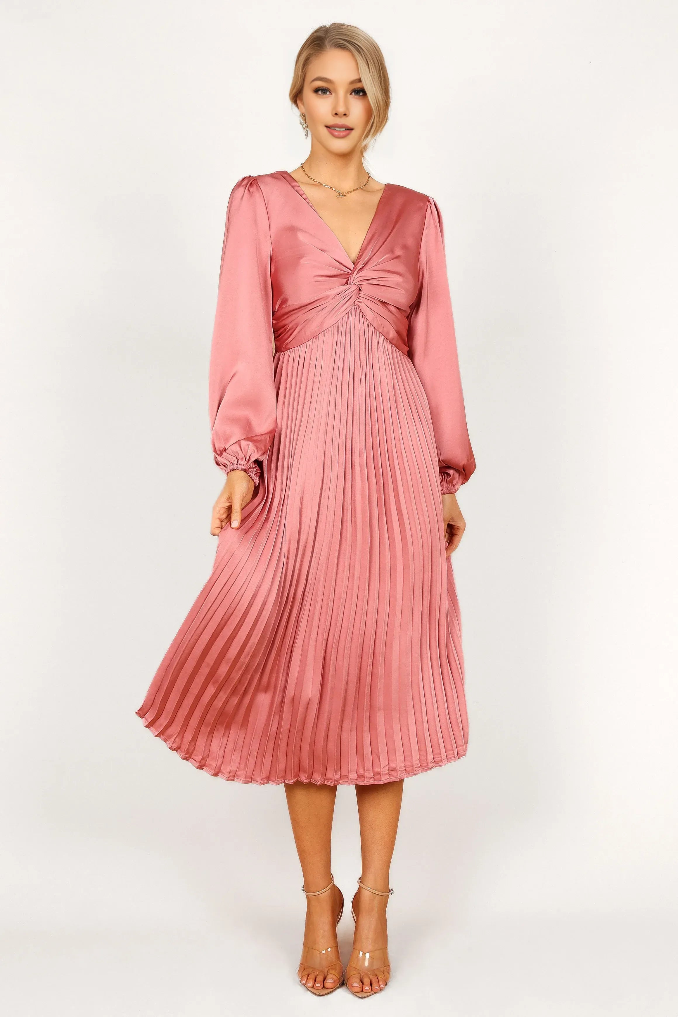A-Line V Neck Long Sleeve Tea-Length Prom Dress