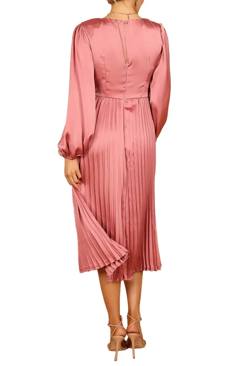 A-Line V Neck Long Sleeve Tea-Length Prom Dress