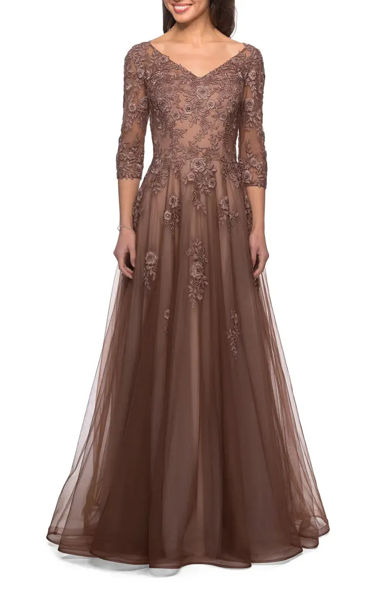 A-Line V Neck Long Sleeve Zipper Up Floor-Length Mother of the Bride Dress