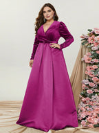 A-Line V Neck Long Sleeve Zipper Up Floor-Length Prom Dress