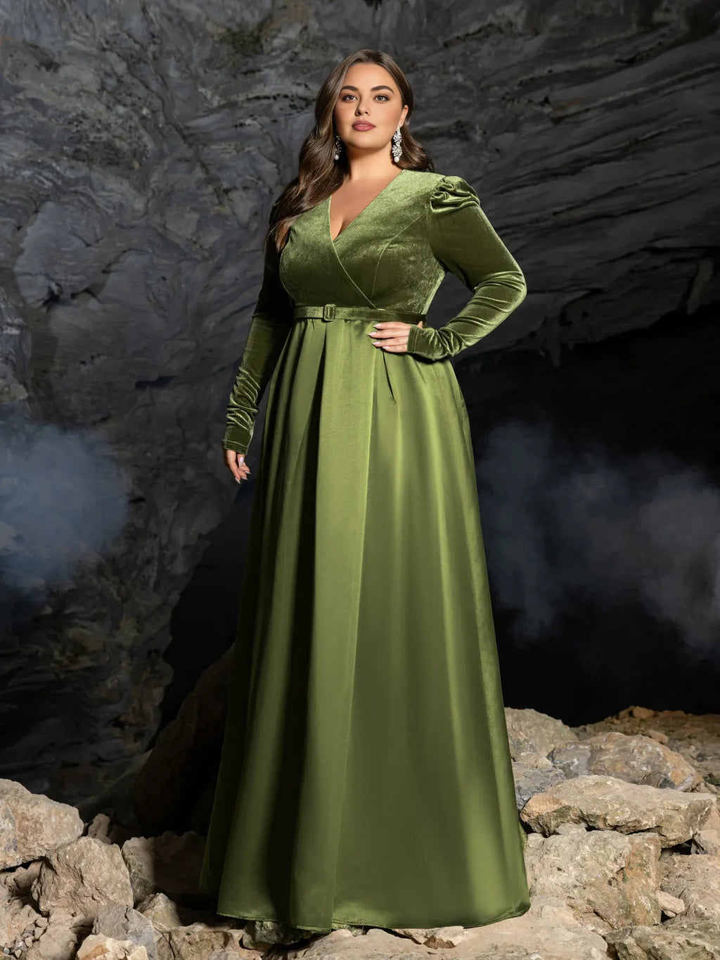 A-Line V Neck Long Sleeve Zipper Up Floor-Length Prom Dress