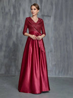 A-Line V Neck Long Sleeve Zipper Up Floor-Length Prom Dress