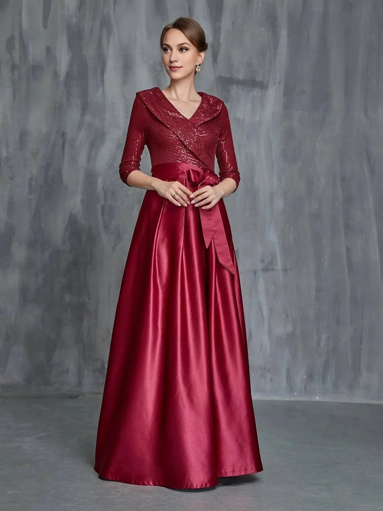 A-Line V Neck Long Sleeve Zipper Up Floor-Length Prom Dress