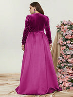 A-Line V Neck Long Sleeve Zipper Up Floor-Length Prom Dress