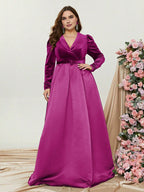 A-Line V Neck Long Sleeve Zipper Up Floor-Length Prom Dress