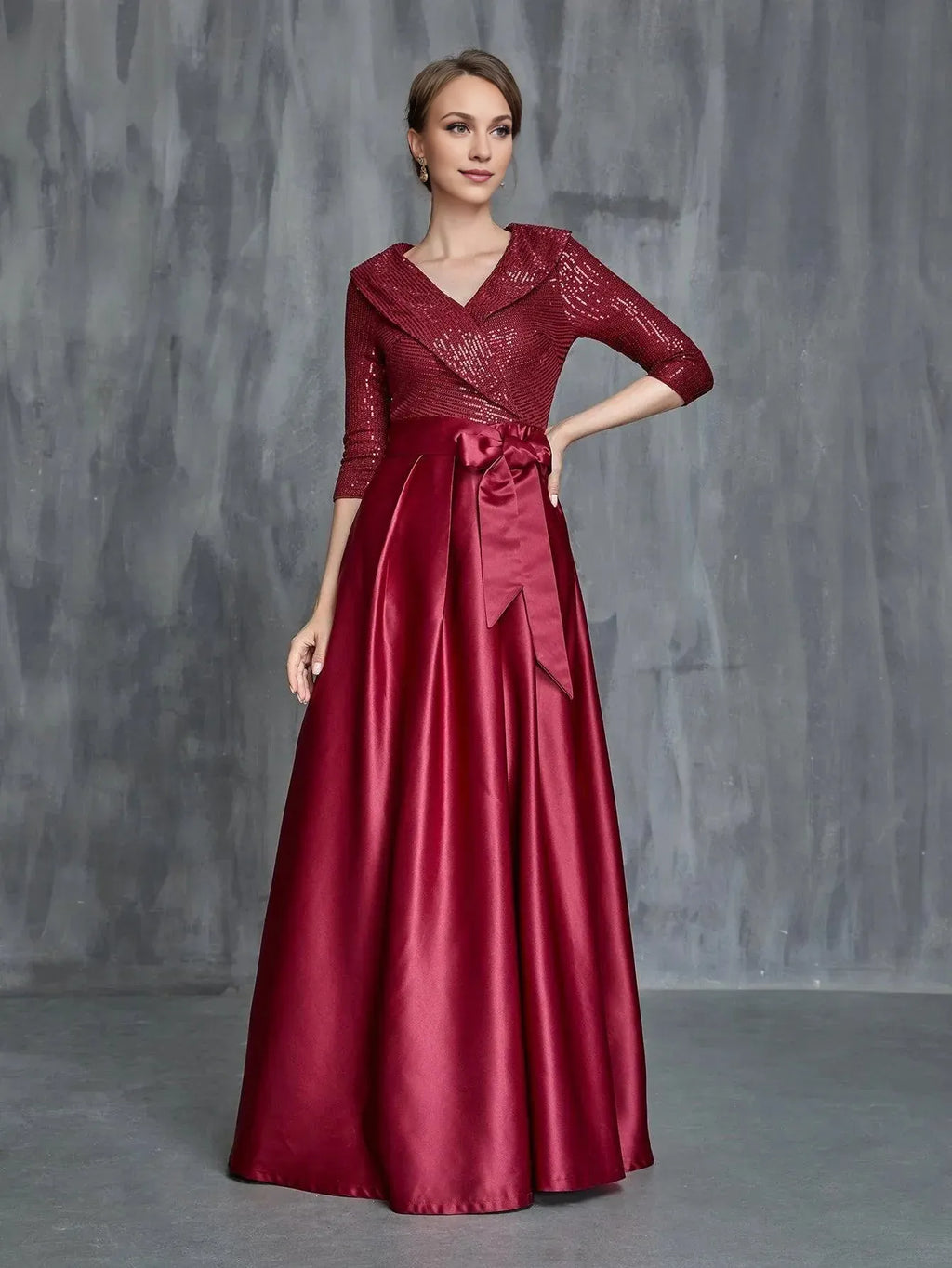 A-Line V Neck Long Sleeve Zipper Up Floor-Length Prom Dress