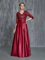 A-Line V Neck Long Sleeve Zipper Up Floor-Length Prom Dress