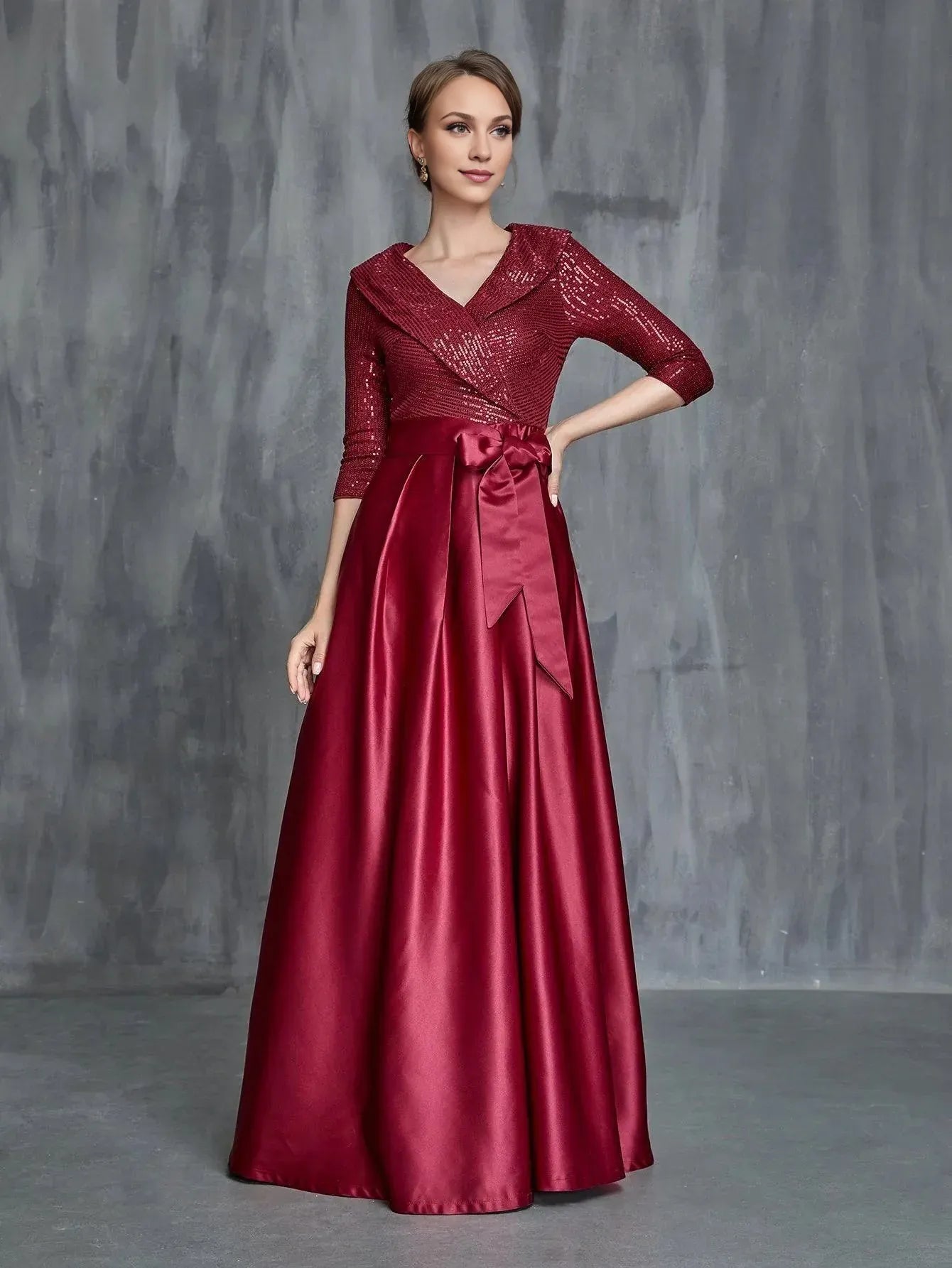 A-Line V Neck Long Sleeve Zipper Up Floor-Length Prom Dress