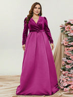 A-Line V Neck Long Sleeve Zipper Up Floor-Length Prom Dress