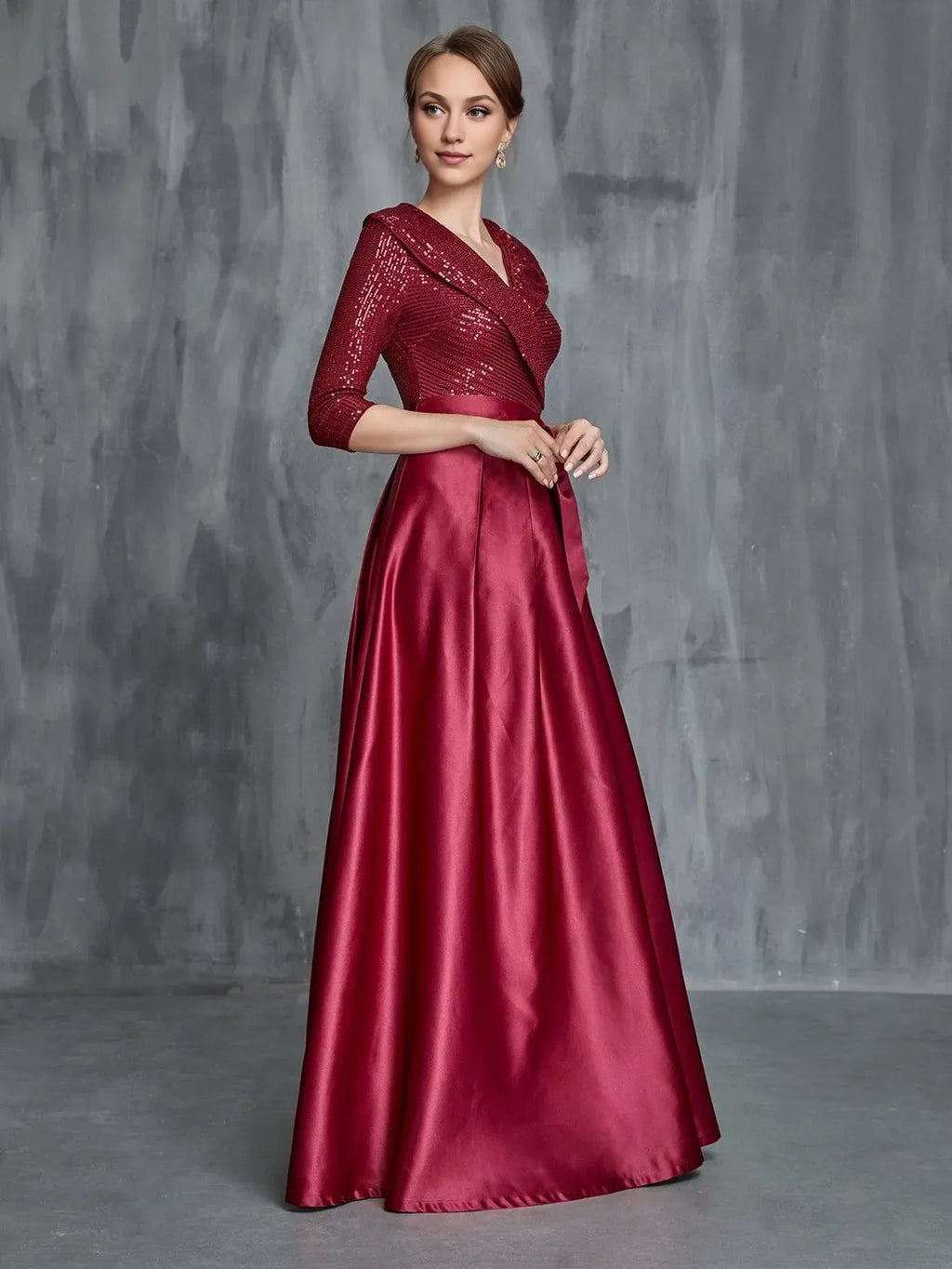 A-Line V Neck Long Sleeve Zipper Up Floor-Length Prom Dress