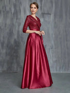 A-Line V Neck Long Sleeve Zipper Up Floor-Length Prom Dress