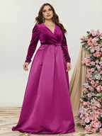 A-Line V Neck Long Sleeve Zipper Up Floor-Length Prom Dress