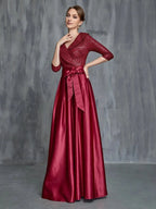 A-Line V Neck Long Sleeve Zipper Up Floor-Length Prom Dress