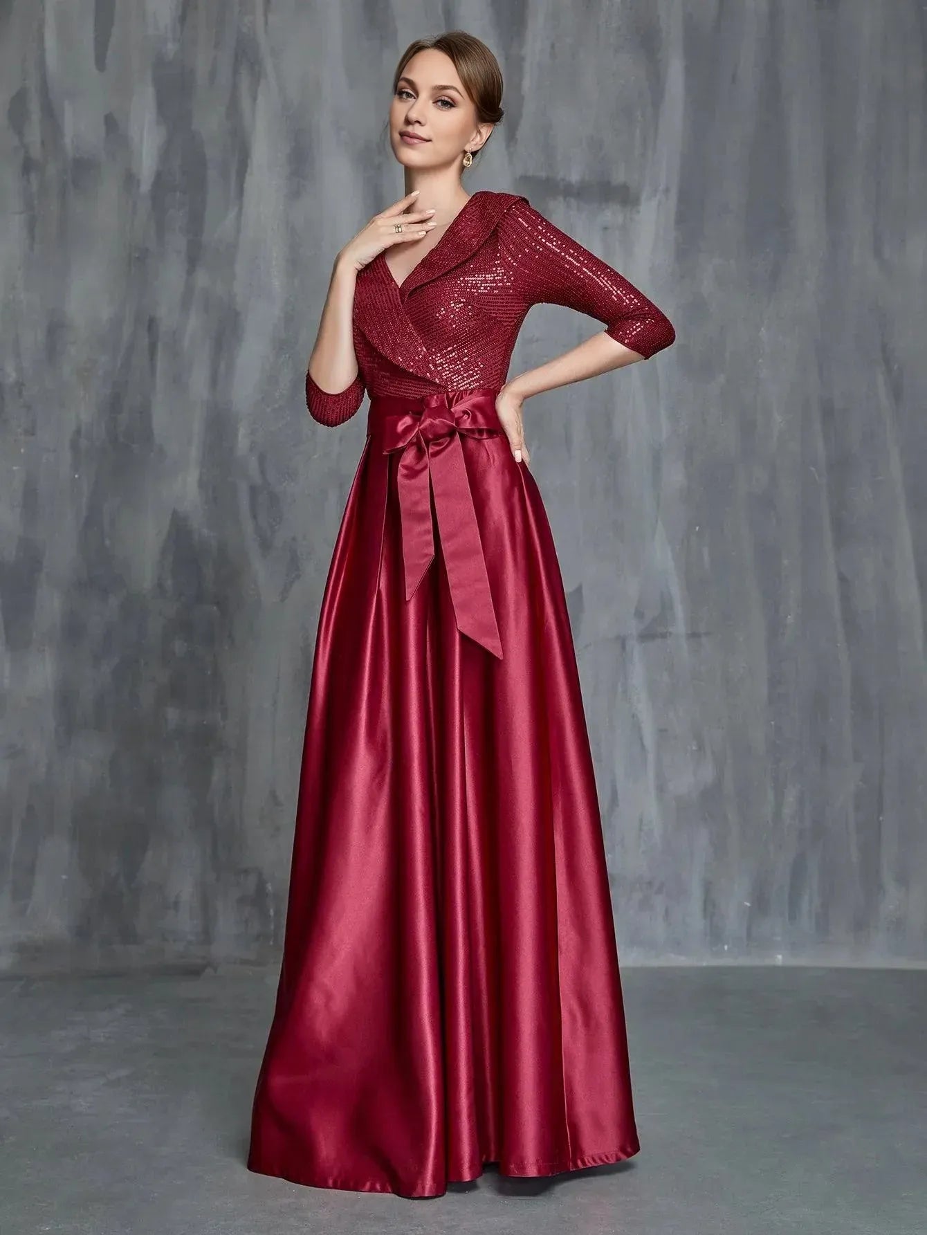 A-Line V Neck Long Sleeve Zipper Up Floor-Length Prom Dress