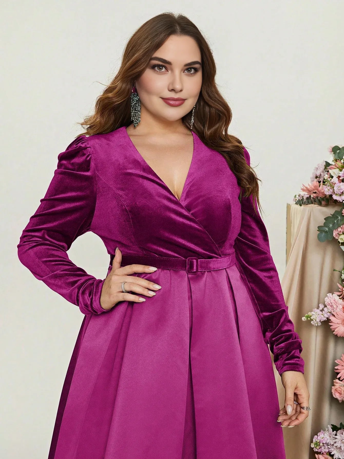 A-Line V Neck Long Sleeve Zipper Up Floor-Length Prom Dress