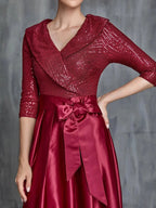 A-Line V Neck Long Sleeve Zipper Up Floor-Length Prom Dress